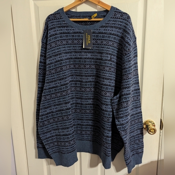 New Polo Ralph Lauren Mens 6XB Sweater 100% Wool Blue Crewneck Long Pullover - Picture 1 of 6